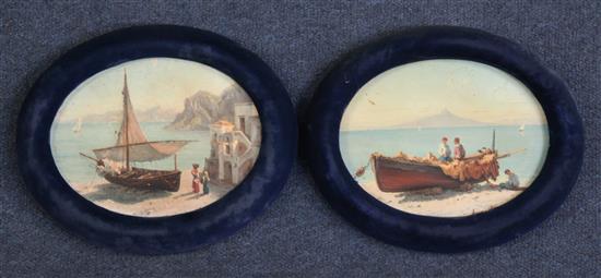 Domenico Ammirato (1833-1890) Beached boats on the Neapolitan coast, ovals, 5 x 6.5in.